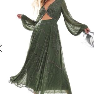ASOS DESIGN - embellished long sleeve cut out midi dress in dark khaki - Small